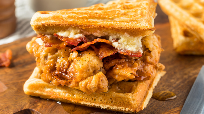 homemade chicken and waffles sandwich