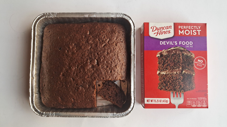Duncan Hines devils food cake in an aluminum pan