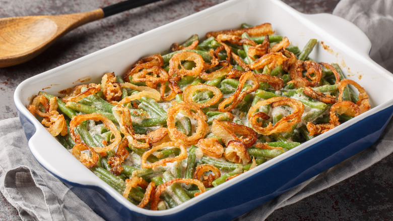Tray of homemade green bean casserole