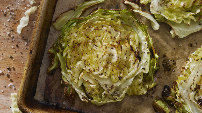 Roasted cabbage rounds on a tray