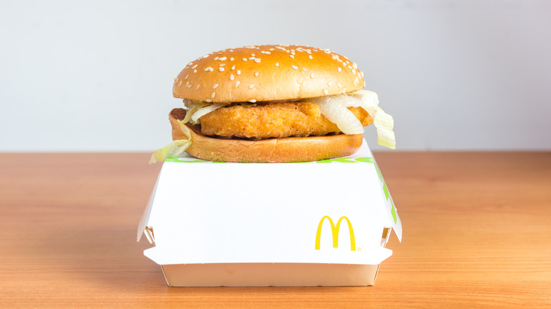 McDonald's McChicken sandwich displayed on its box.