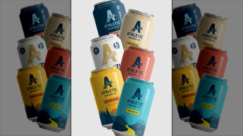 Selection of six Athletic brews artistically arranged in a zipper pattern on a white background