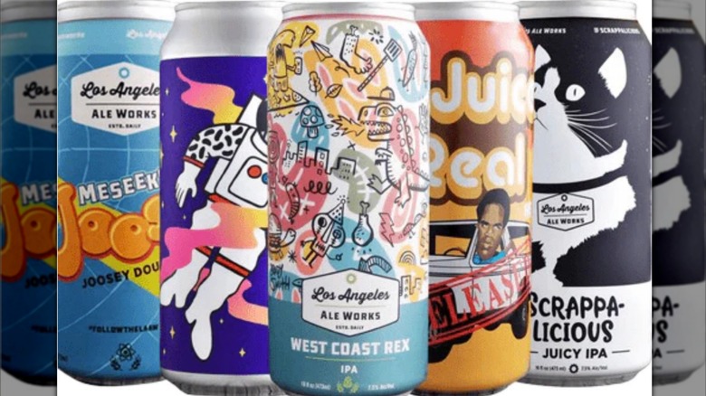 An assortment of canned beer, including Los Angeles Ale Works, on a white background