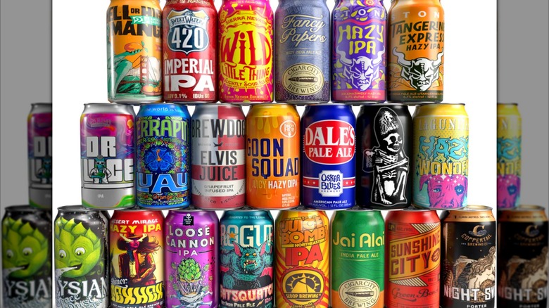 24 assorted cans of craft beer on a white background