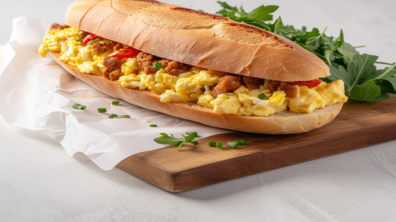 egg and sausage sandwich on baguette