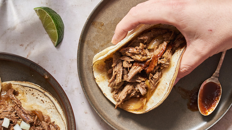 barbacoa beef being held in a taco 