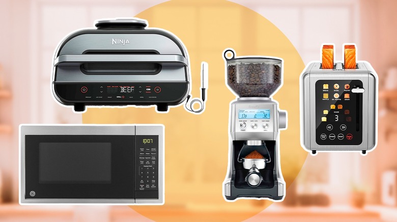 Array of small kitchen appliances, including a pressure cooker, toaster, microwave, and coffee bean grinder