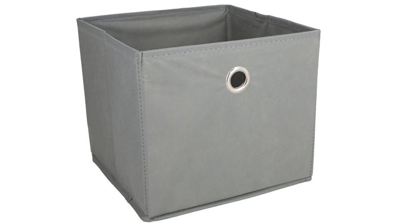 A gray grommet storage box on a white background