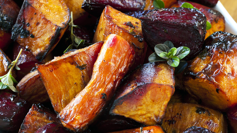 Close up shot of roasted carrots and beets