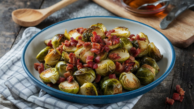 A bowl of Brussels sprouts with bacon on top.