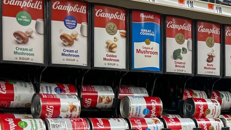 Rows of Campbells soup, including Golden Mushroom