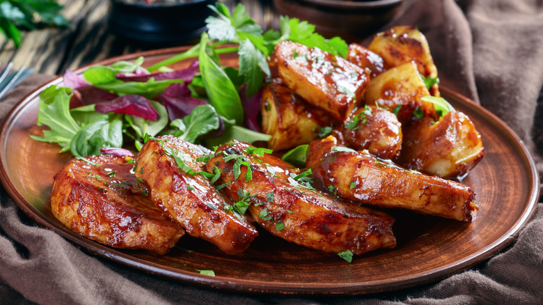 Close-up of sticky glazed pork chops