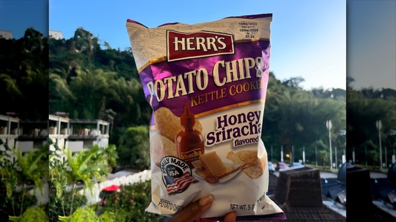 A person holding a bag of Herr's chips outside