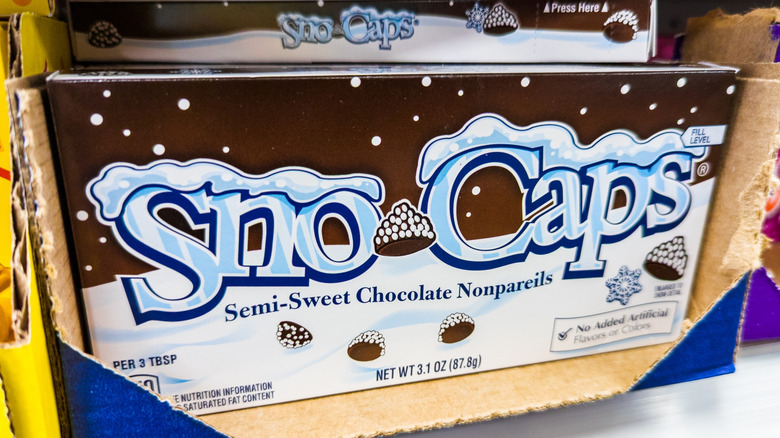 A box of Sno-Caps on a shelf