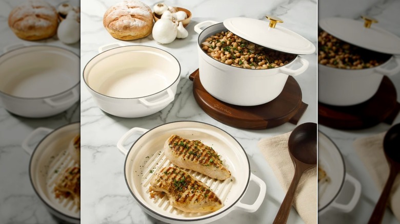 View of Costco's 4-piece Sur La Table cookware set on a table