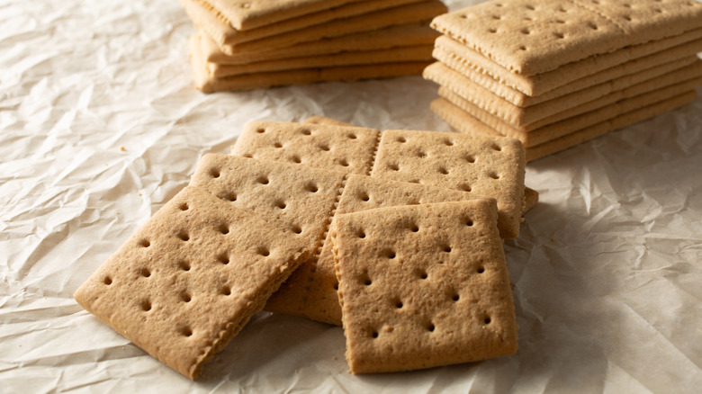 Stacks of graham crackers on tablecloth