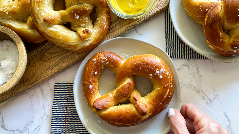 soft pretzels with salt and mustard