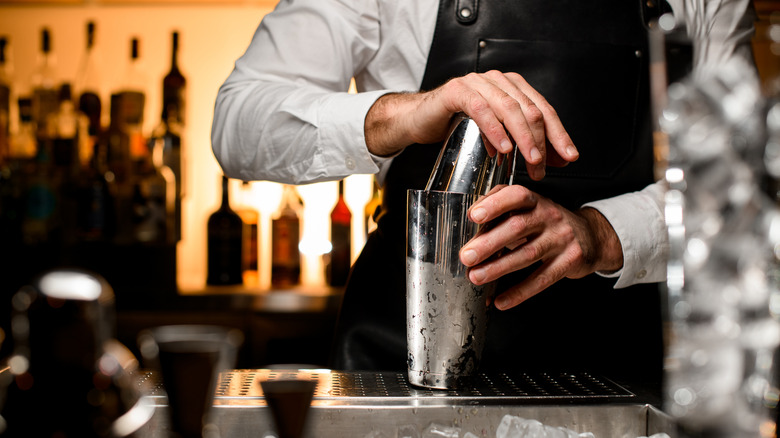 A bartender using a cocktail shaker