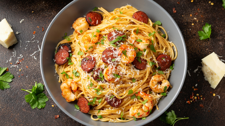 Spaghetti with chorizo and shrimp