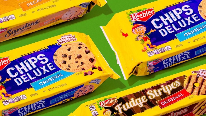 Different packages of Keebler cookies on a green background