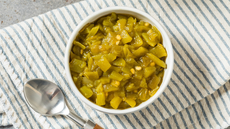 Top-view of a dish of canned green chiles