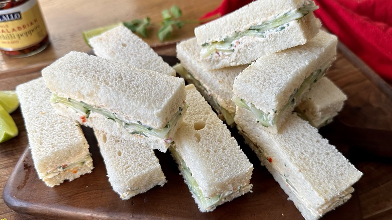 stacked spicy cucumber tea sandwiches