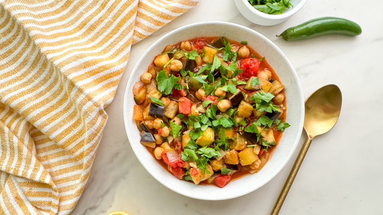 chickpea eggplant stew in white bowl