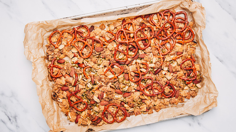 Baked snack mix.