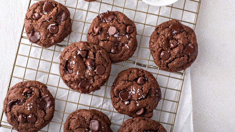 chocolate cookies on a cooling track