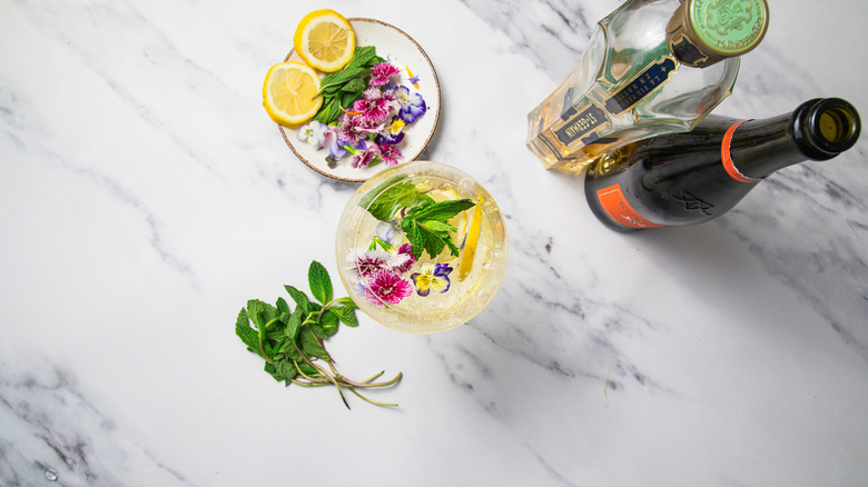 Overhead view of springtime Hugo Spritz with mint, edible flowers and lemon slice and all components