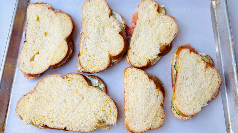 Sandwiches on baking sheet