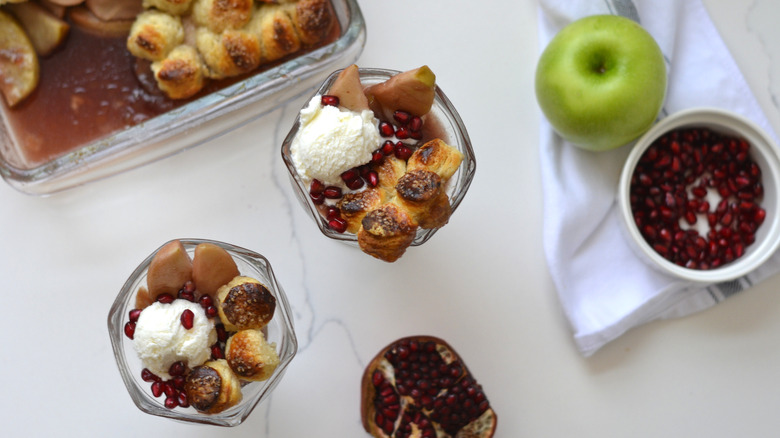 apple cobbler with ice cream and pomegranate