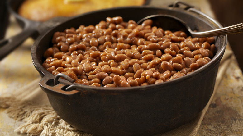 Baked beans in a cast iron pot 