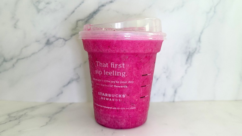 Starbucks Blended Mango Dragonfruit Energy Refresher on marble surface