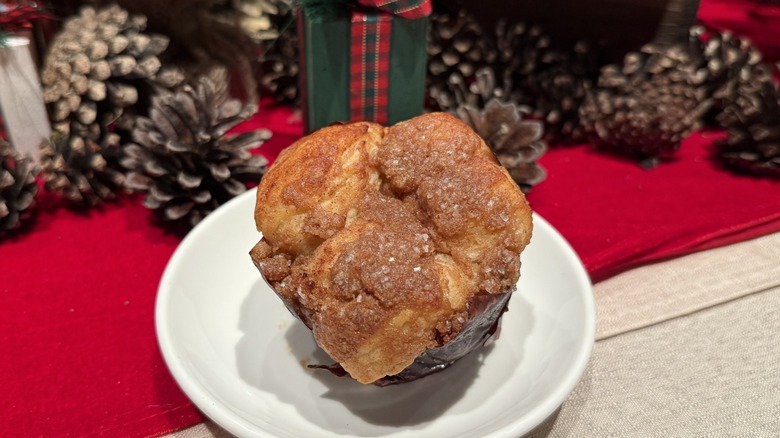 Cinnamon Pull-Apart Bread on a table in by a red light