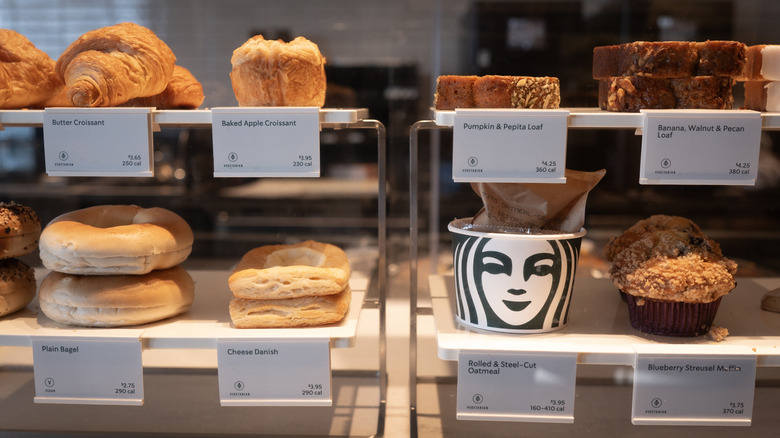 various baked goods in Starbucks' display case