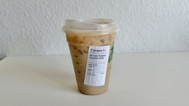 Toasted coconut iced latte on a table
