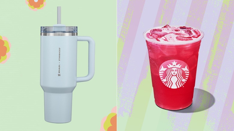 The Starbucks x Stanely sky blue cup and a Starbucks pink lemonade with ice side by side