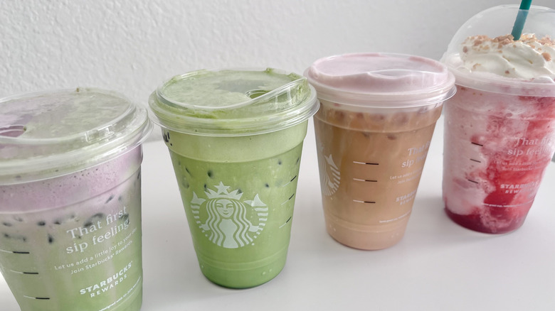 Close up side view of Starbucks holiday drinks