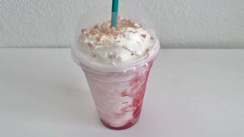 Strawberry Shortcake Frappuccino Blended Beverage drink on table