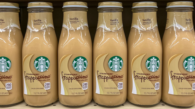 Starbucks vanilla Frappuccino bottles on grocery store shelf