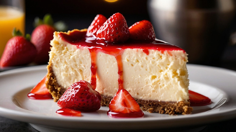 Closeup of a slice of creamy cheesecake on a plate with strawberries