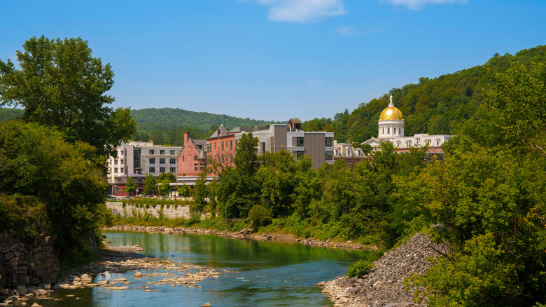 Montpelier skyline on river with golden dome