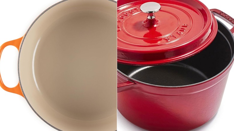 Blue Le Creuset braising pan with cooked chicken inside