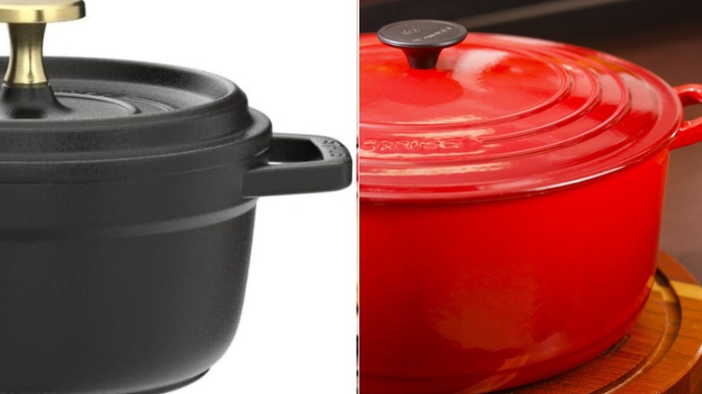 Multicolored Staub Dutch ovens stacked in kitchen