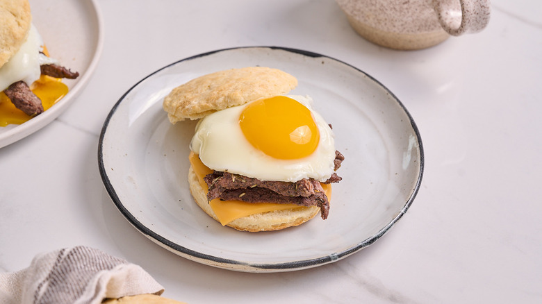 steak and egg sandwich on a plate