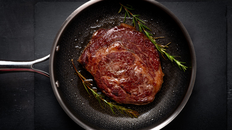 Steak cooked in a pan