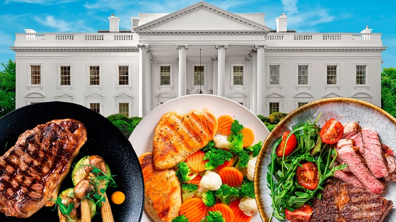 Composite image featuring several steak dinners with the White House in the background