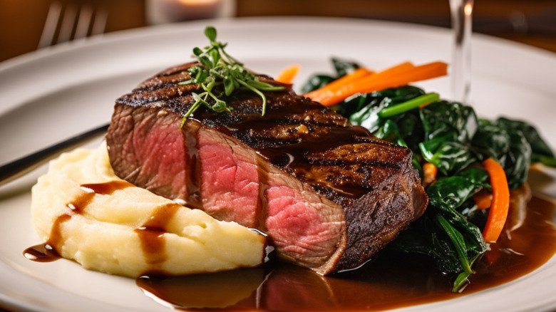 New York strip steak with mashed potatoes and vegetables