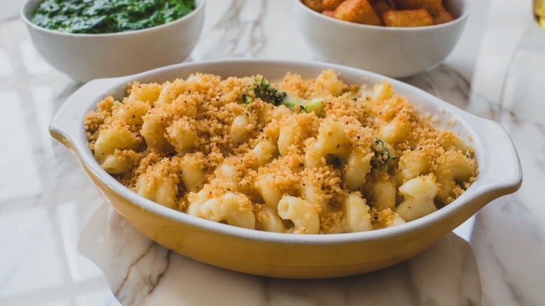 Breadcrumb-topped truffle mac and cheese in baking dish